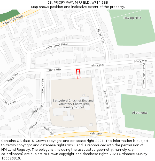 53, PRIORY WAY, MIRFIELD, WF14 9EB: Location map and indicative extent of plot