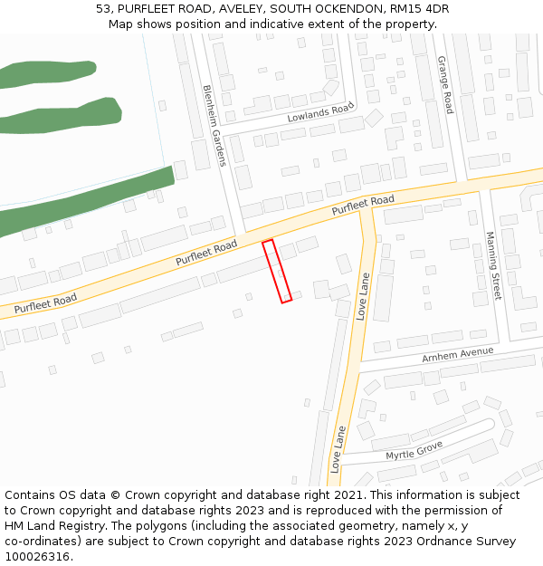 53, PURFLEET ROAD, AVELEY, SOUTH OCKENDON, RM15 4DR: Location map and indicative extent of plot