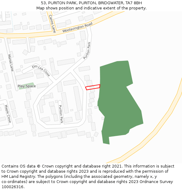 53, PURITON PARK, PURITON, BRIDGWATER, TA7 8BH: Location map and indicative extent of plot