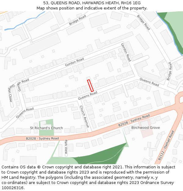 53, QUEENS ROAD, HAYWARDS HEATH, RH16 1EG: Location map and indicative extent of plot