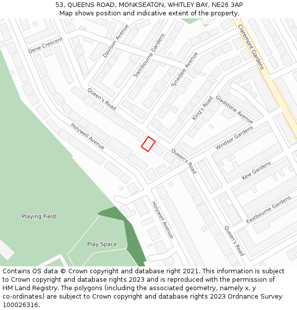 53, QUEENS ROAD, MONKSEATON, WHITLEY BAY, NE26 3AP: Location map and indicative extent of plot