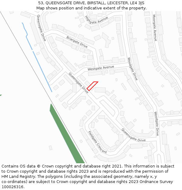 53, QUEENSGATE DRIVE, BIRSTALL, LEICESTER, LE4 3JS: Location map and indicative extent of plot