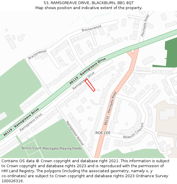 53, RAMSGREAVE DRIVE, BLACKBURN, BB1 8QT: Location map and indicative extent of plot