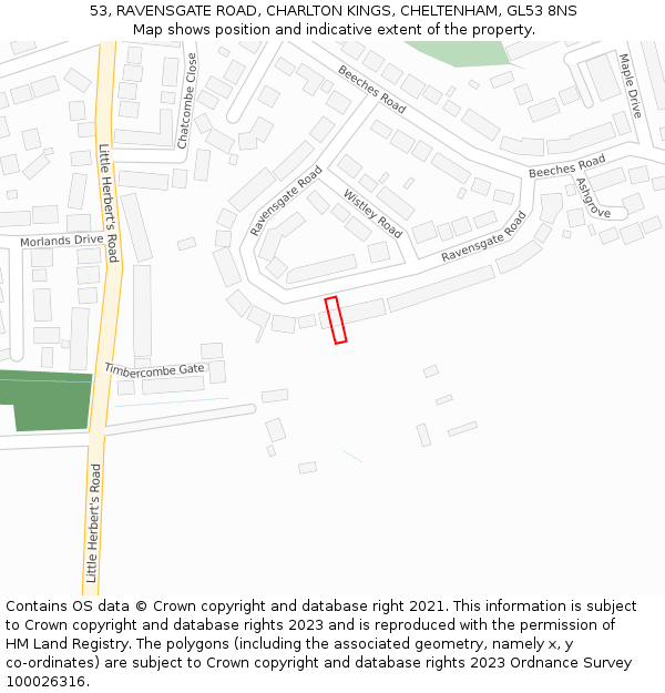 53, RAVENSGATE ROAD, CHARLTON KINGS, CHELTENHAM, GL53 8NS: Location map and indicative extent of plot