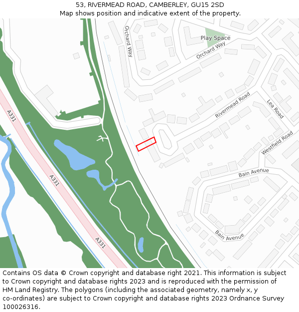 53, RIVERMEAD ROAD, CAMBERLEY, GU15 2SD: Location map and indicative extent of plot