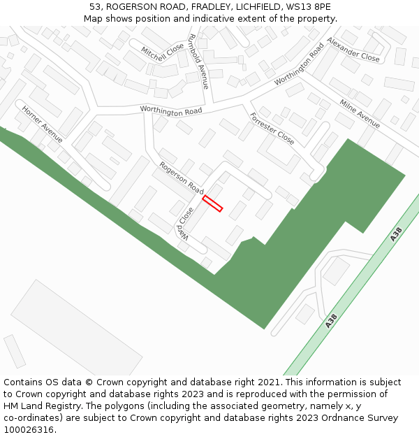 53, ROGERSON ROAD, FRADLEY, LICHFIELD, WS13 8PE: Location map and indicative extent of plot