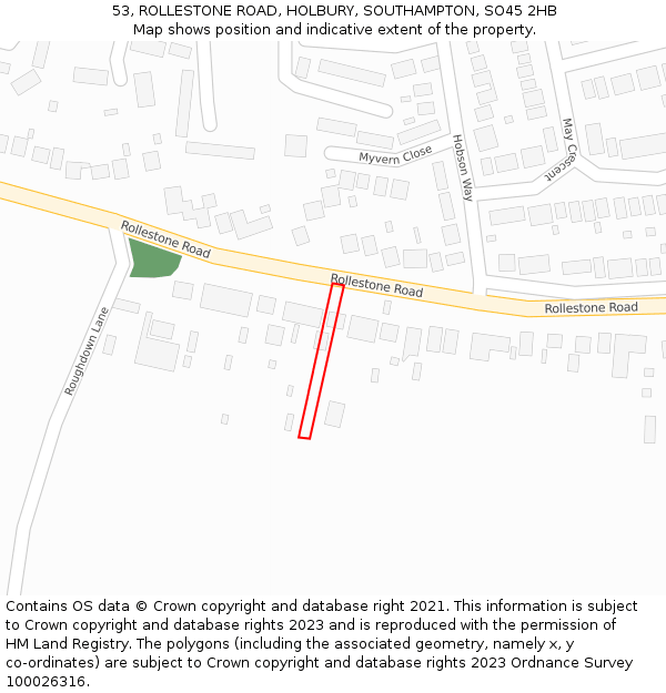 53, ROLLESTONE ROAD, HOLBURY, SOUTHAMPTON, SO45 2HB: Location map and indicative extent of plot