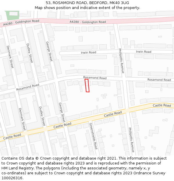 53, ROSAMOND ROAD, BEDFORD, MK40 3UG: Location map and indicative extent of plot