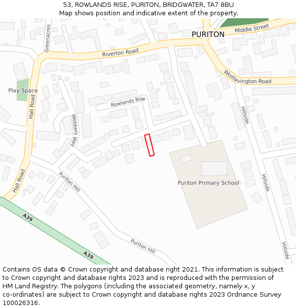 53, ROWLANDS RISE, PURITON, BRIDGWATER, TA7 8BU: Location map and indicative extent of plot