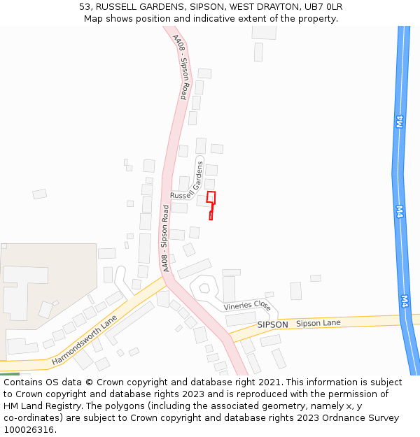 53, RUSSELL GARDENS, SIPSON, WEST DRAYTON, UB7 0LR: Location map and indicative extent of plot