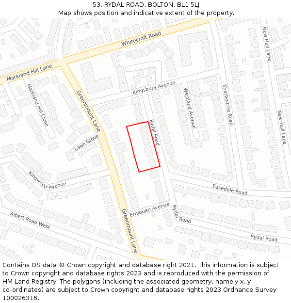 53, RYDAL ROAD, BOLTON, BL1 5LJ: Location map and indicative extent of plot