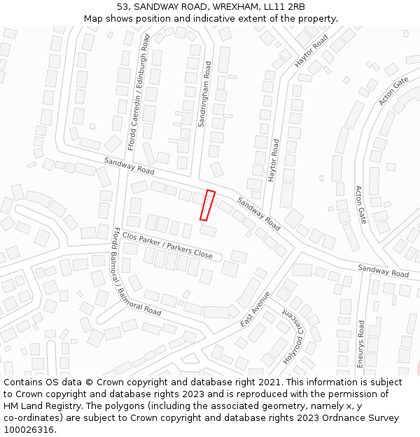 53, SANDWAY ROAD, WREXHAM, LL11 2RB: Location map and indicative extent of plot