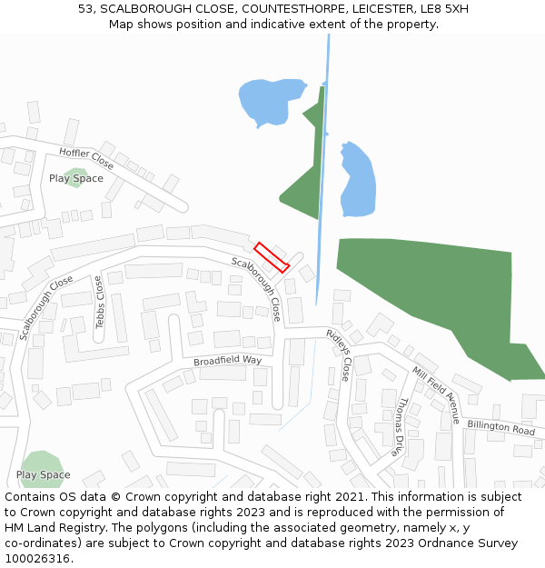53, SCALBOROUGH CLOSE, COUNTESTHORPE, LEICESTER, LE8 5XH: Location map and indicative extent of plot