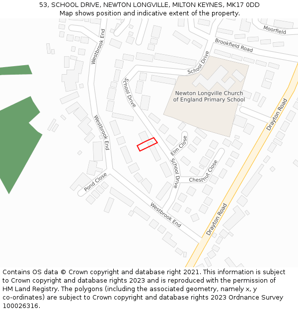 53, SCHOOL DRIVE, NEWTON LONGVILLE, MILTON KEYNES, MK17 0DD: Location map and indicative extent of plot