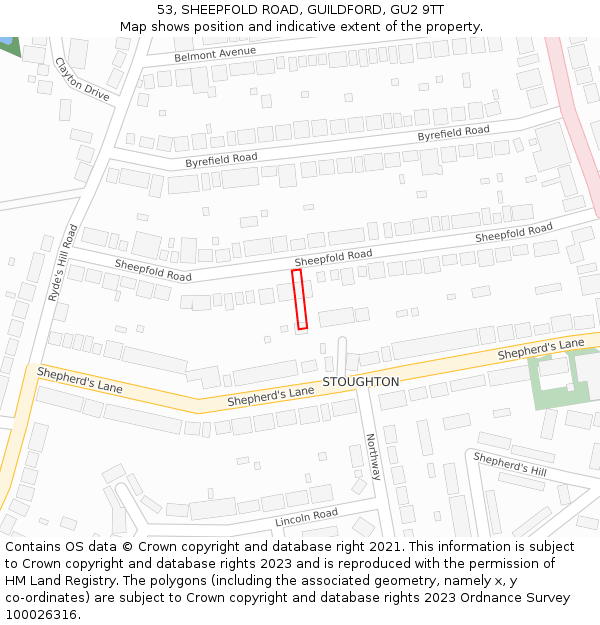 53, SHEEPFOLD ROAD, GUILDFORD, GU2 9TT: Location map and indicative extent of plot
