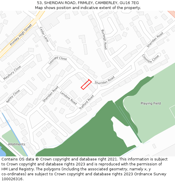 53, SHERIDAN ROAD, FRIMLEY, CAMBERLEY, GU16 7EG: Location map and indicative extent of plot