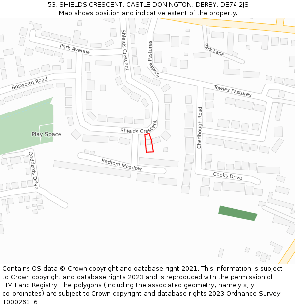 53, SHIELDS CRESCENT, CASTLE DONINGTON, DERBY, DE74 2JS: Location map and indicative extent of plot