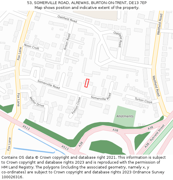 53, SOMERVILLE ROAD, ALREWAS, BURTON-ON-TRENT, DE13 7EP: Location map and indicative extent of plot