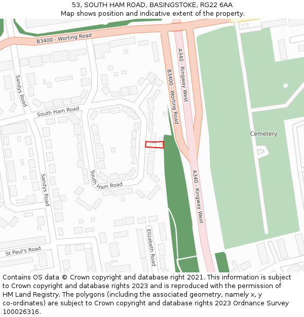 53, SOUTH HAM ROAD, BASINGSTOKE, RG22 6AA: Location map and indicative extent of plot