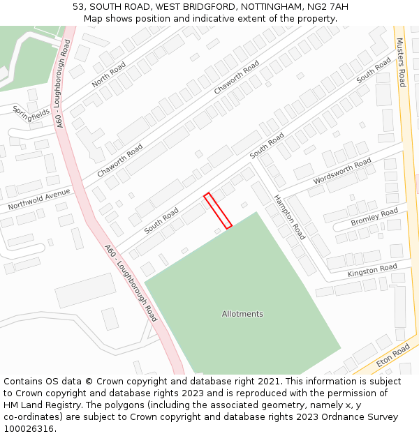 53, SOUTH ROAD, WEST BRIDGFORD, NOTTINGHAM, NG2 7AH: Location map and indicative extent of plot