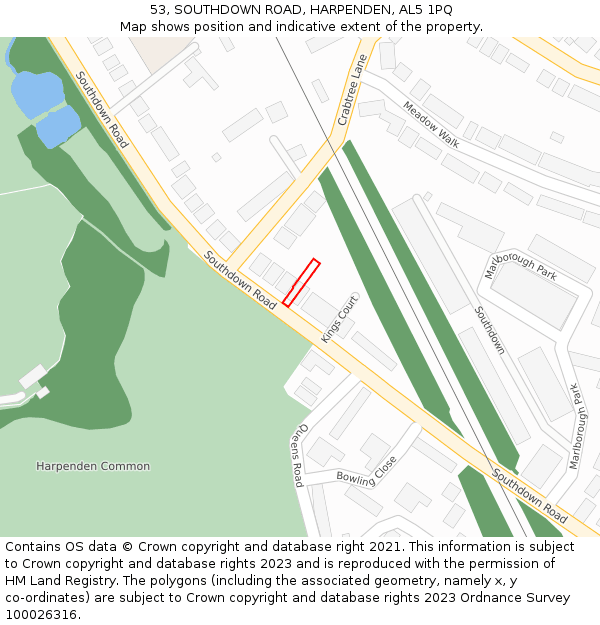 53, SOUTHDOWN ROAD, HARPENDEN, AL5 1PQ: Location map and indicative extent of plot