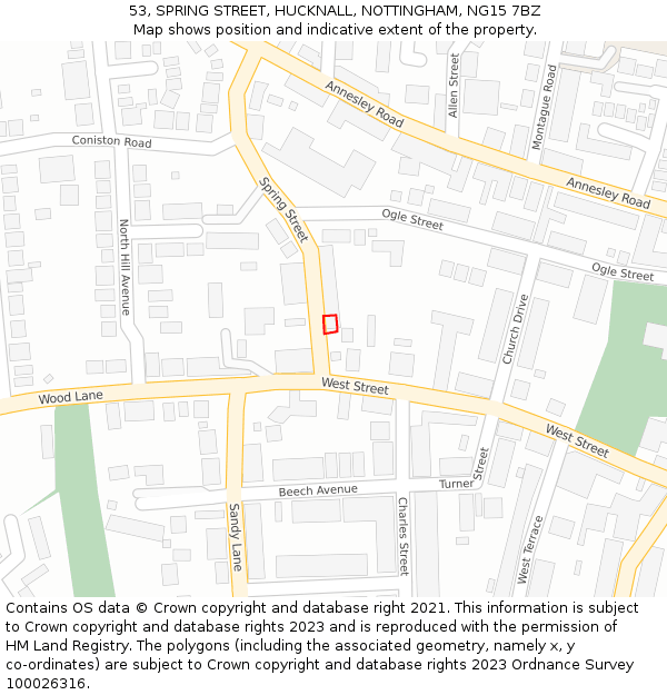 53, SPRING STREET, HUCKNALL, NOTTINGHAM, NG15 7BZ: Location map and indicative extent of plot