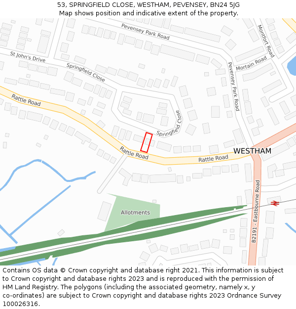 53, SPRINGFIELD CLOSE, WESTHAM, PEVENSEY, BN24 5JG: Location map and indicative extent of plot