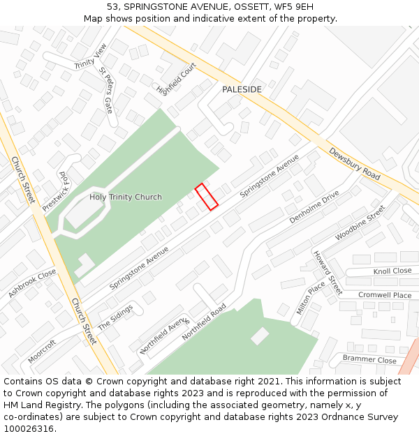 53, SPRINGSTONE AVENUE, OSSETT, WF5 9EH: Location map and indicative extent of plot