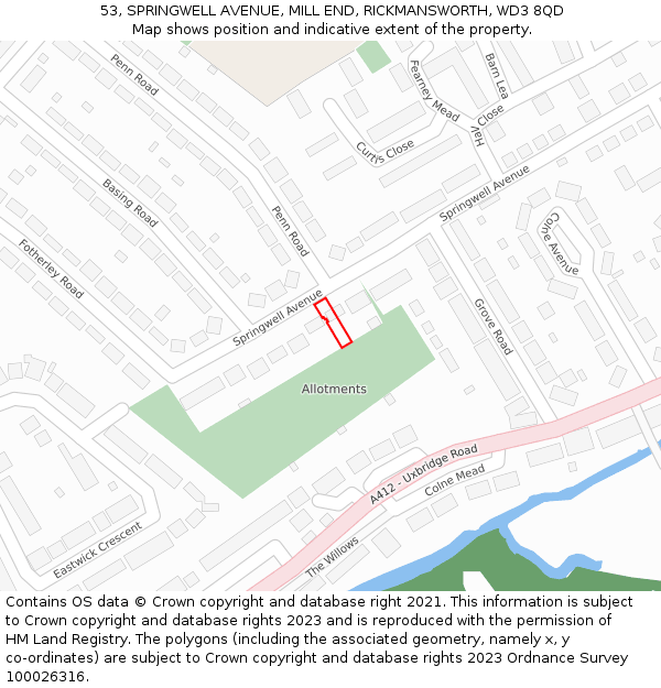 53, SPRINGWELL AVENUE, MILL END, RICKMANSWORTH, WD3 8QD: Location map and indicative extent of plot