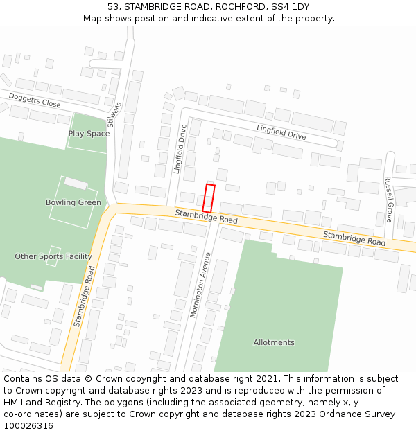 53, STAMBRIDGE ROAD, ROCHFORD, SS4 1DY: Location map and indicative extent of plot