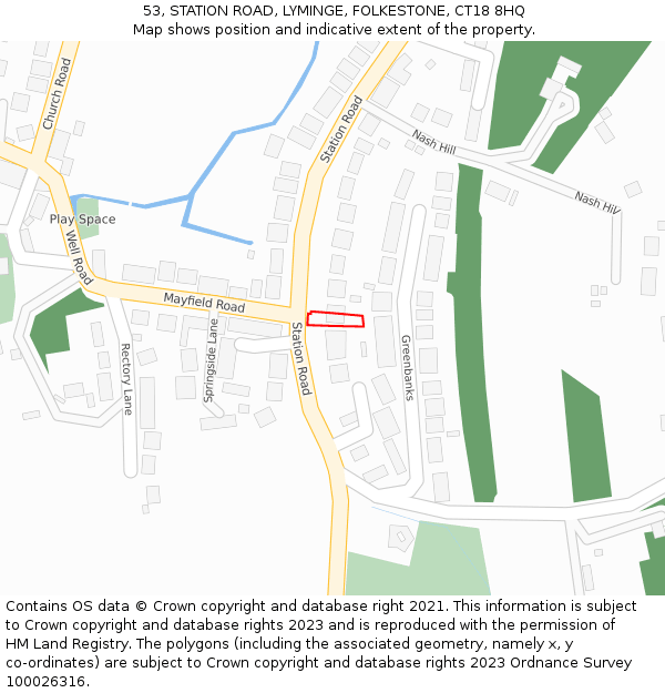 53, STATION ROAD, LYMINGE, FOLKESTONE, CT18 8HQ: Location map and indicative extent of plot