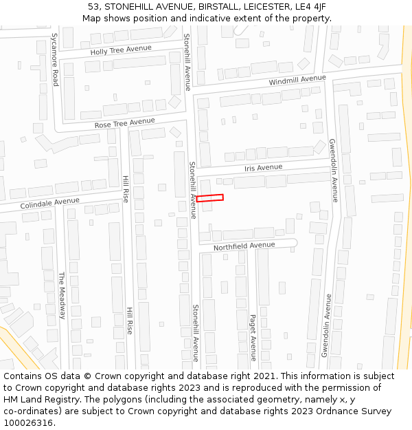 53, STONEHILL AVENUE, BIRSTALL, LEICESTER, LE4 4JF: Location map and indicative extent of plot