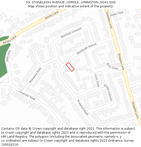 53, STONELEIGH AVENUE, HORDLE, LYMINGTON, SO41 0GS: Location map and indicative extent of plot