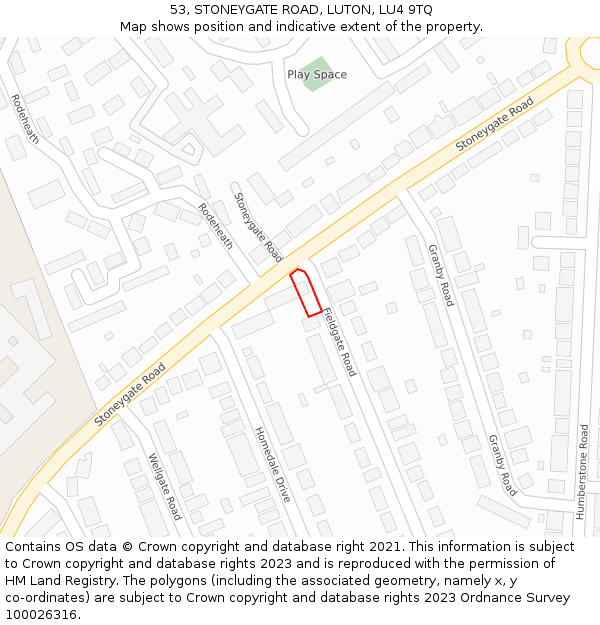 53, STONEYGATE ROAD, LUTON, LU4 9TQ: Location map and indicative extent of plot