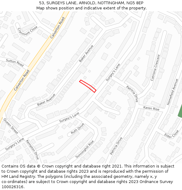 53, SURGEYS LANE, ARNOLD, NOTTINGHAM, NG5 8EP: Location map and indicative extent of plot