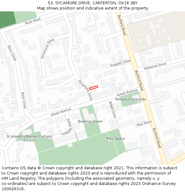 53, SYCAMORE DRIVE, CARTERTON, OX18 3BY: Location map and indicative extent of plot