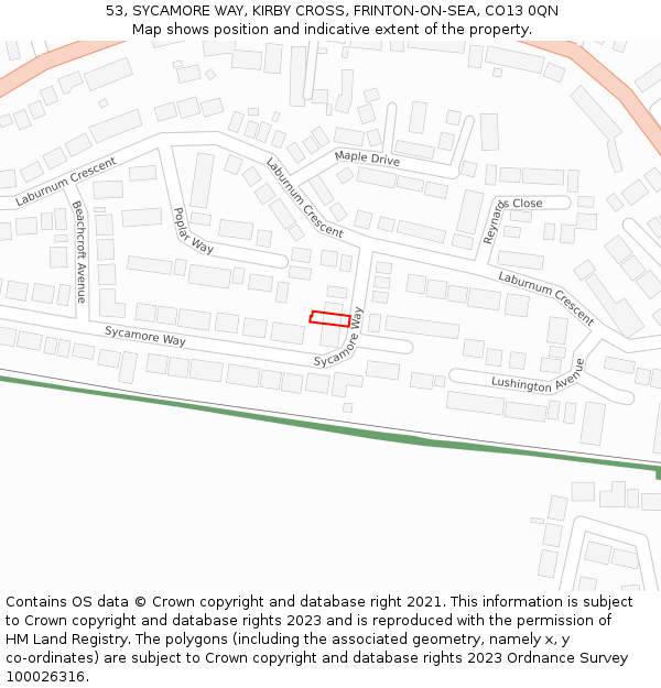 53, SYCAMORE WAY, KIRBY CROSS, FRINTON-ON-SEA, CO13 0QN: Location map and indicative extent of plot