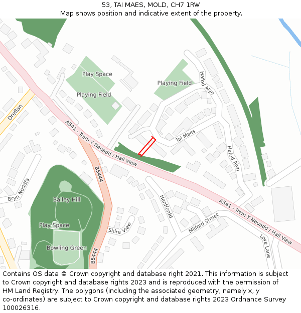 53, TAI MAES, MOLD, CH7 1RW: Location map and indicative extent of plot