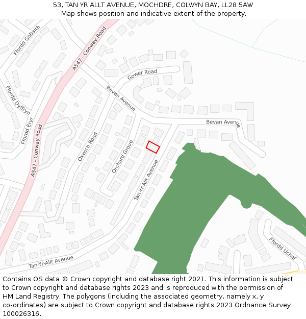 53, TAN YR ALLT AVENUE, MOCHDRE, COLWYN BAY, LL28 5AW: Location map and indicative extent of plot