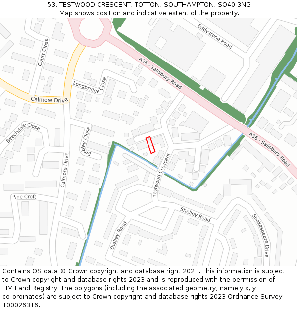 53, TESTWOOD CRESCENT, TOTTON, SOUTHAMPTON, SO40 3NG: Location map and indicative extent of plot