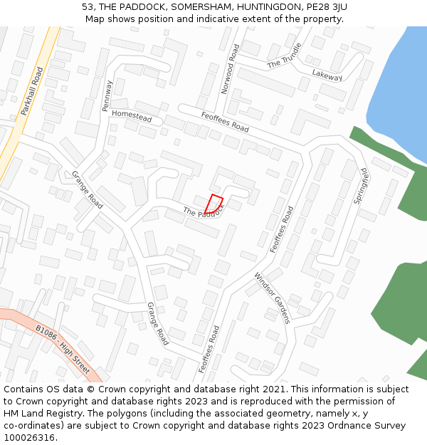 53, THE PADDOCK, SOMERSHAM, HUNTINGDON, PE28 3JU: Location map and indicative extent of plot