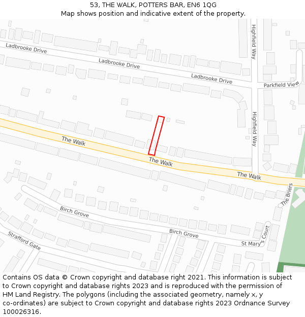 53, THE WALK, POTTERS BAR, EN6 1QG: Location map and indicative extent of plot