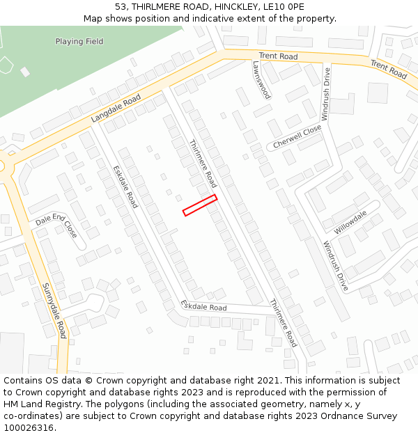 53, THIRLMERE ROAD, HINCKLEY, LE10 0PE: Location map and indicative extent of plot