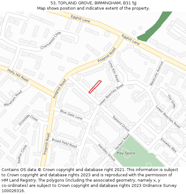 53, TOPLAND GROVE, BIRMINGHAM, B31 5JJ: Location map and indicative extent of plot