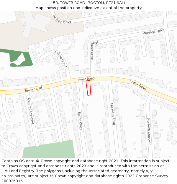 53, TOWER ROAD, BOSTON, PE21 9AH: Location map and indicative extent of plot