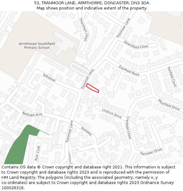 53, TRANMOOR LANE, ARMTHORPE, DONCASTER, DN3 3DA: Location map and indicative extent of plot