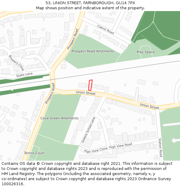 53, UNION STREET, FARNBOROUGH, GU14 7PX: Location map and indicative extent of plot