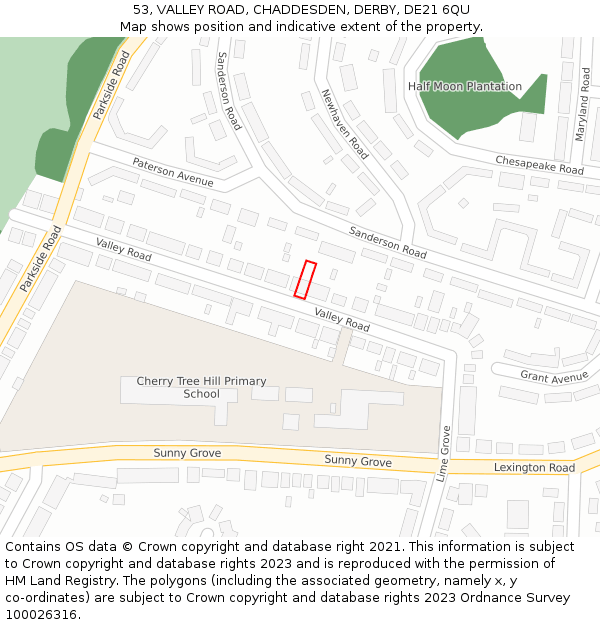 53, VALLEY ROAD, CHADDESDEN, DERBY, DE21 6QU: Location map and indicative extent of plot