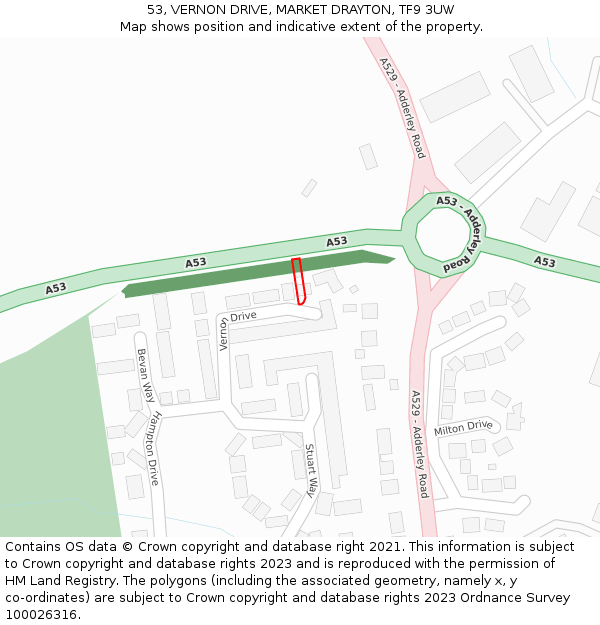 53, VERNON DRIVE, MARKET DRAYTON, TF9 3UW: Location map and indicative extent of plot