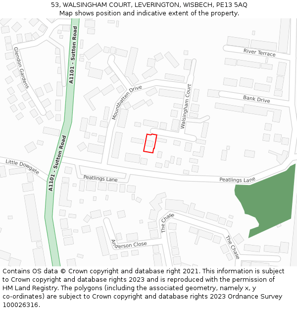 53, WALSINGHAM COURT, LEVERINGTON, WISBECH, PE13 5AQ: Location map and indicative extent of plot